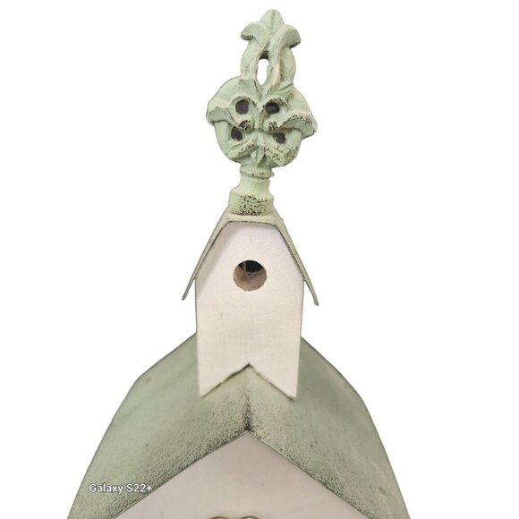 Charming Decorative Wooden Birdhouse With Distressed White & Green Finish Embell - Picture 7 of 7